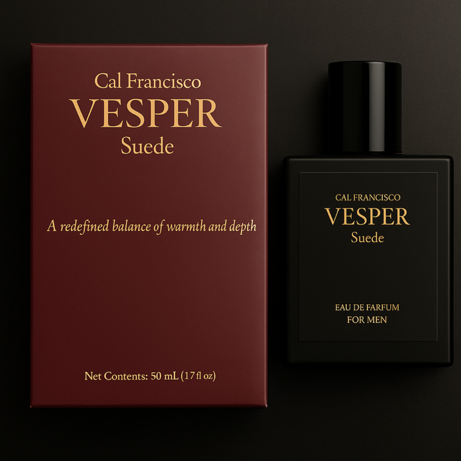 Cal Francisco Vesper Suede perfume bottle and packaging on a dark background