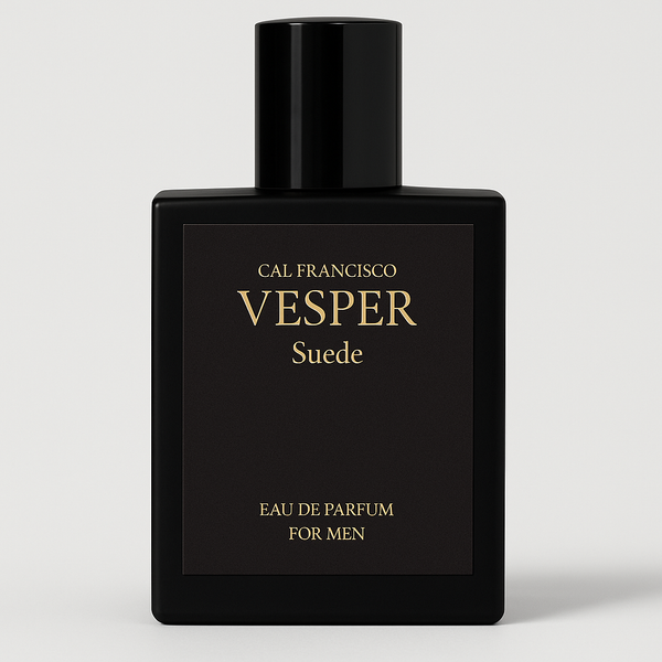 Black perfume bottle labeled 'Vesper Suede' by Cal Francisco on a light gray background