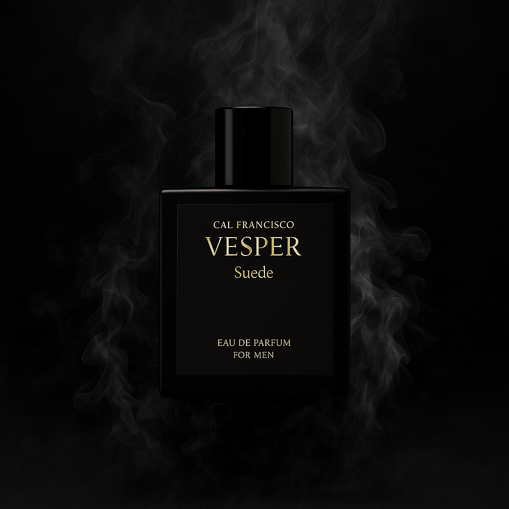 Black Vesper Suede perfume bottle with smoke effect on a dark background